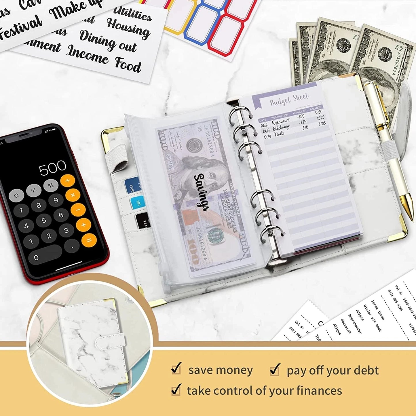 A6 PU Leather Budget Planner – Marble Notebook & Money Saving Organizer für Büro, Schule & Personal Finance