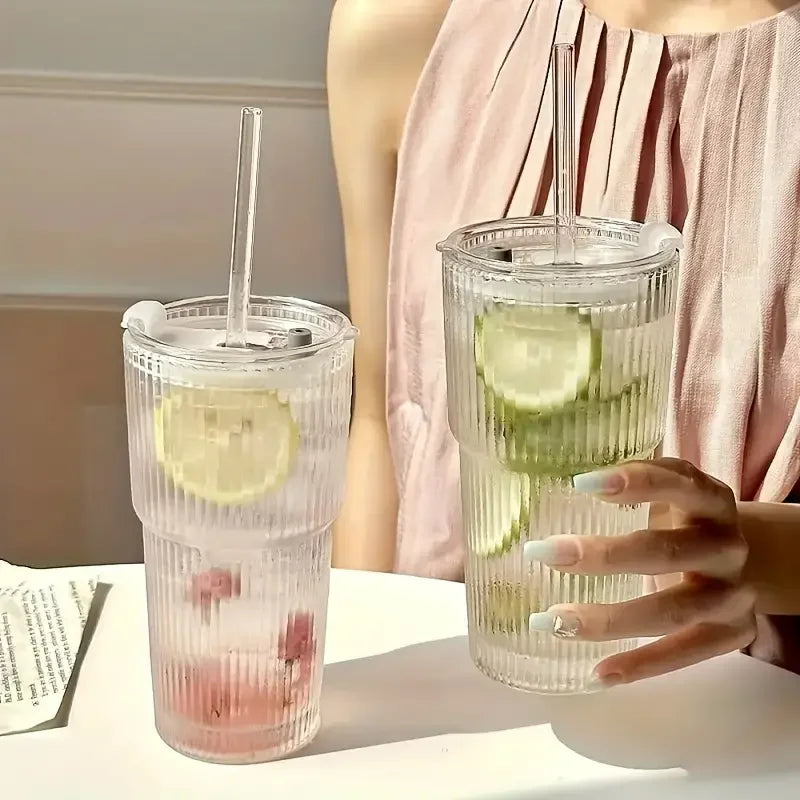 1/2pcs 600ml Stripe Glass Cup with Lid and Straw – Transparent Juice, Water, and Iced Coffee Drinking Glass