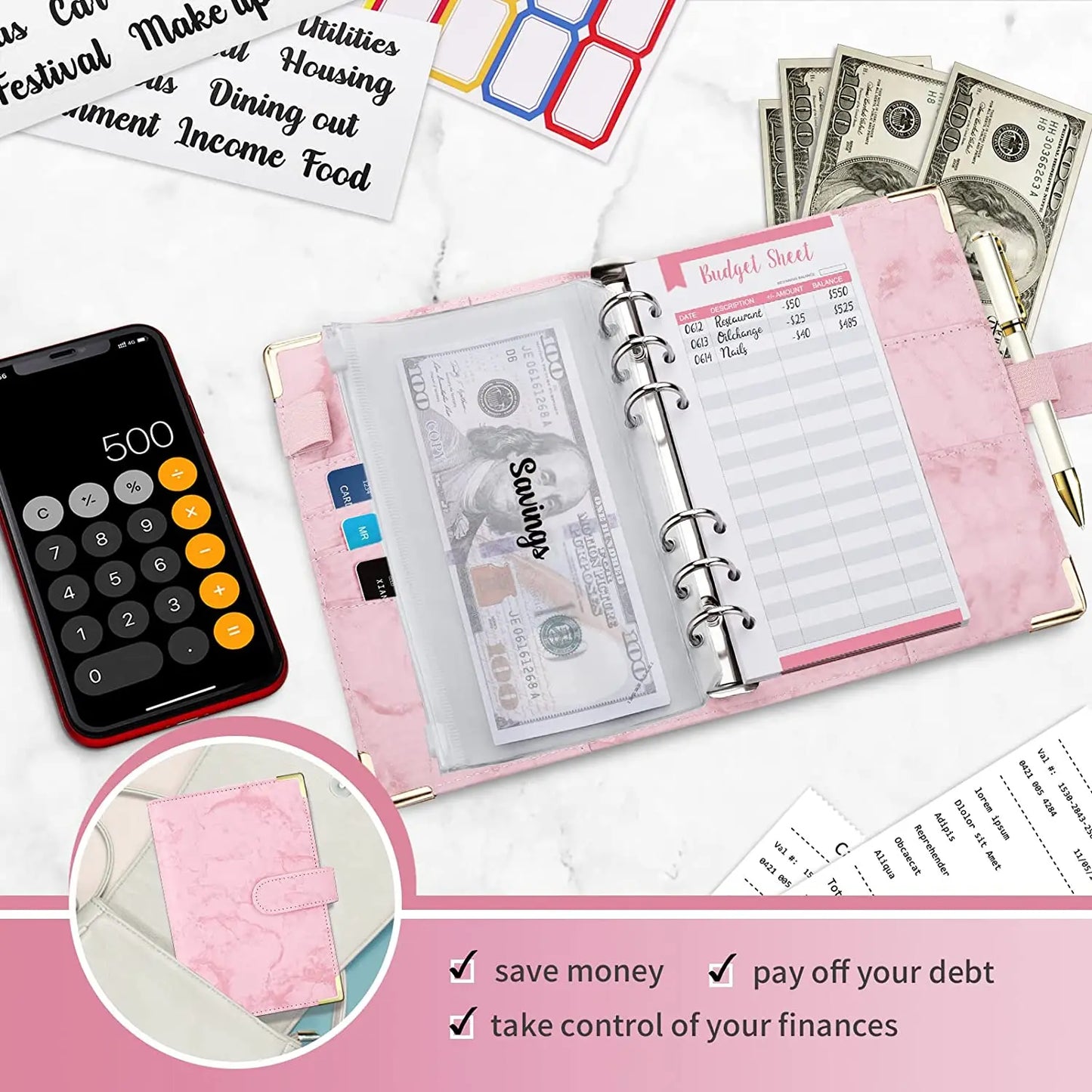 A6 PU Leather Budget Planner – Marble Notebook & Money Saving Organizer für Büro, Schule & Personal Finance