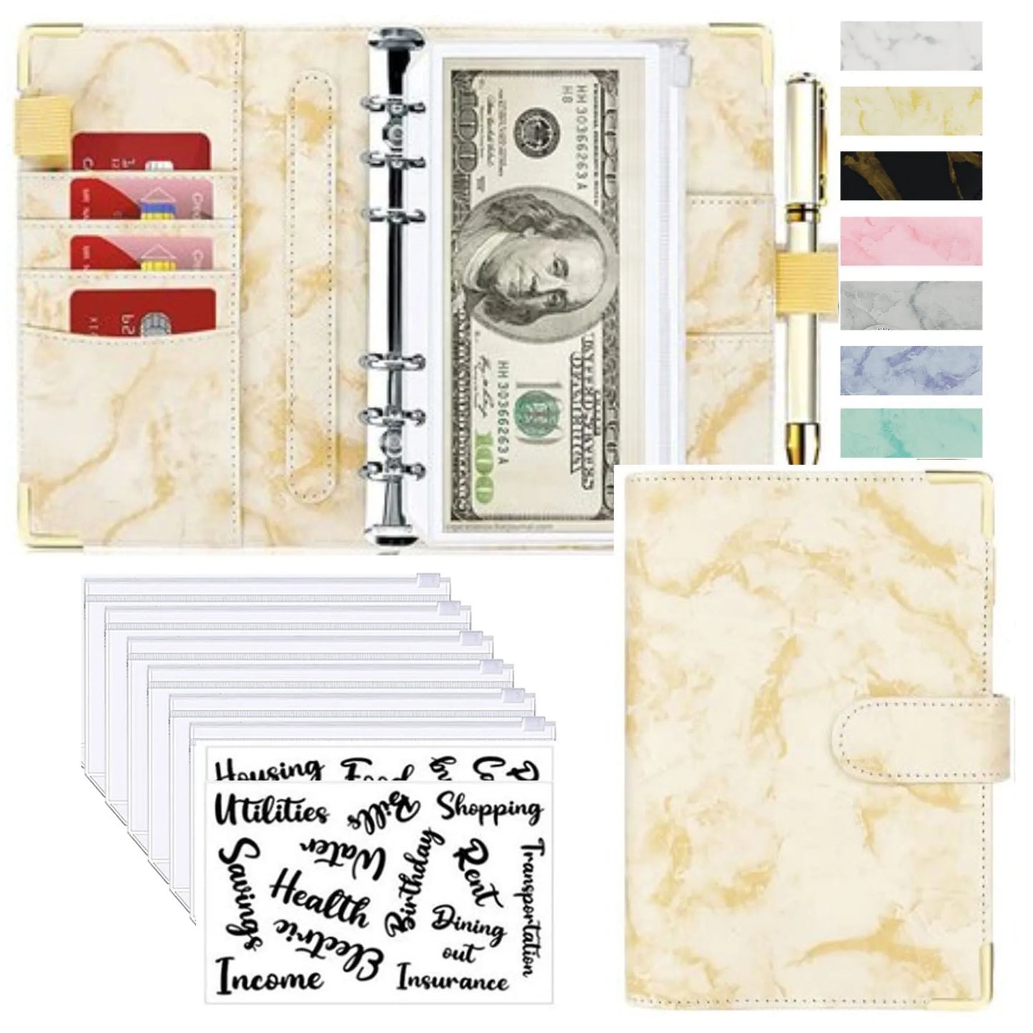 A6 PU Leather Budget Planner – Marble Notebook & Money Saving Organizer für Büro, Schule & Personal Finance